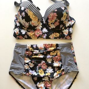 FLORAL STRIPE HIGH WAISTED LONGLINE BIKINI XL